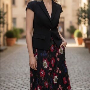 French Connection Black Skirt with Red and White Floral Design